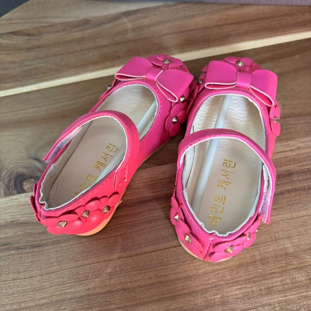 Girls Hot Pink Floral Bow Mary Jane Dress Shoes Studded